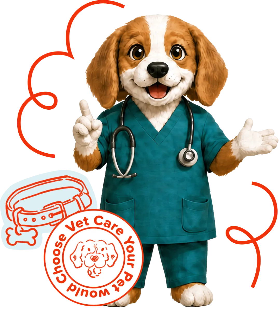 about-us-general-policies-desktop-02 Cartoon dog in teal scrubs with a stethoscope, smiling and holding up two fingers. Red heart outlines and a badge with a dog face, collar, and the phrase Choose Vet Care Your Pet Would..