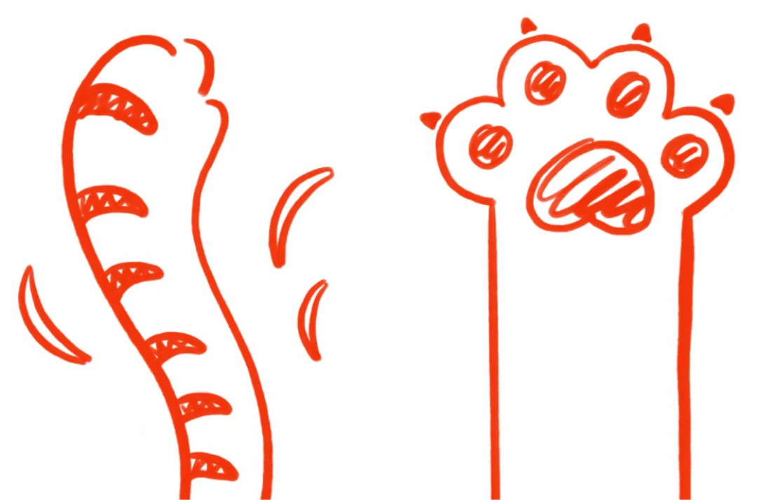 about-us-our-commitment-desktop A red line drawing of a cats tail with stripes on the left and an upright cat paw with claws and pads on the right, both outlined simply on a white background.