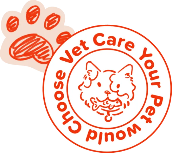 about-us-pawspital-policies-graphic-desktop A red stamp with a cartoon dog in the center, surrounded by the words Would You Choose Vet Care Your Pet. A large, red paw print is shown behind the stamp.