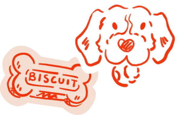 about-us-polices-running-late-graphic-desktop A red line drawing of a dogs face with a heart-shaped nose is next to a bone-shaped dog biscuit labeled BISCUIT..