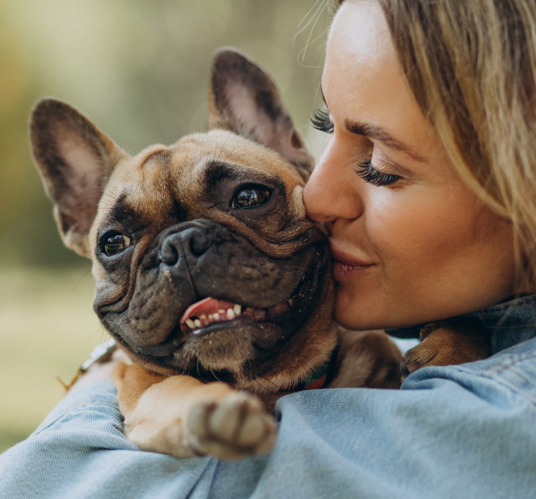 Dental2_AdobeStock_468360927_cropped veterinary dentistry from Pawspital in Chicago IL A woman in a denim jacket hugs and kisses a happy brown French Bulldog outdoors.